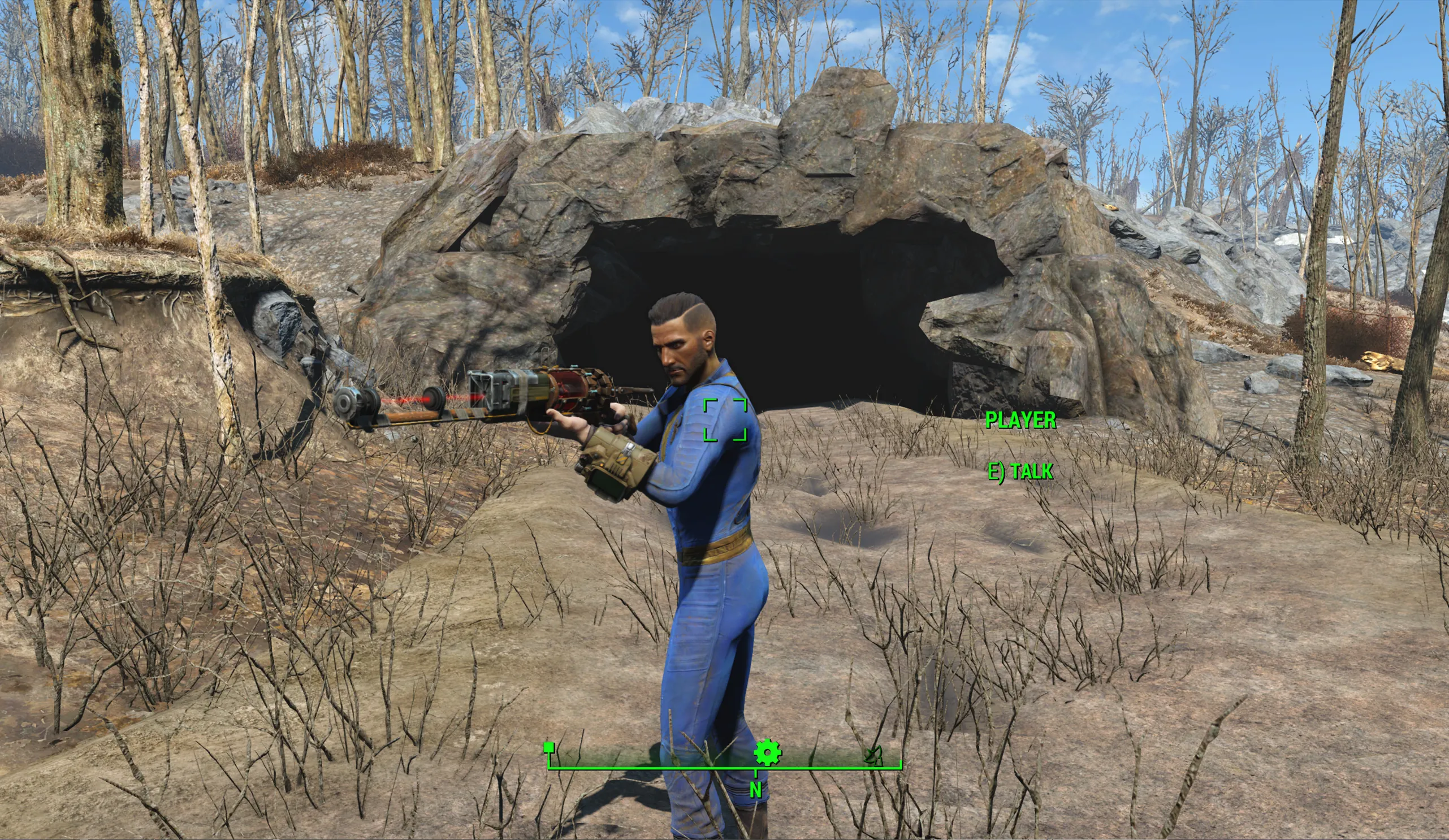Remote player aiming a Laser Musket in the Commonwealth wasteland
