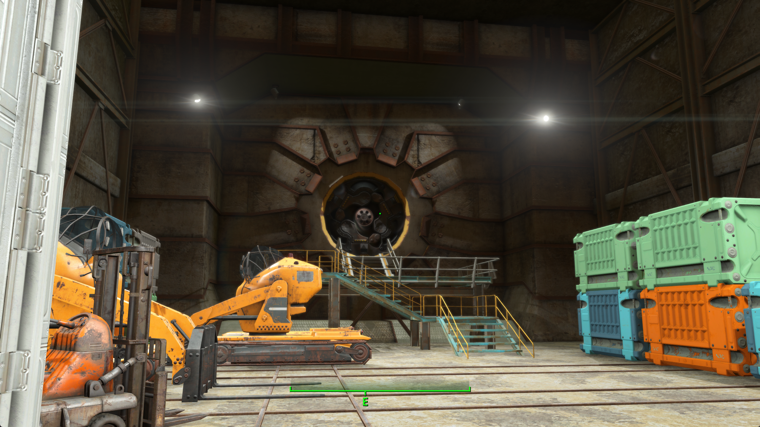 Vault 109 exit area with industrial hangar and vault door