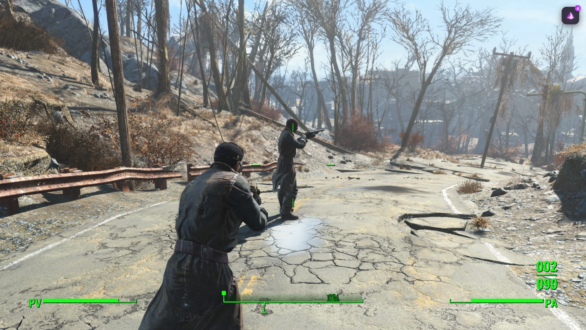 Fallout 4 gameplay capture showing two Commonwealth Online players on a ruined road.