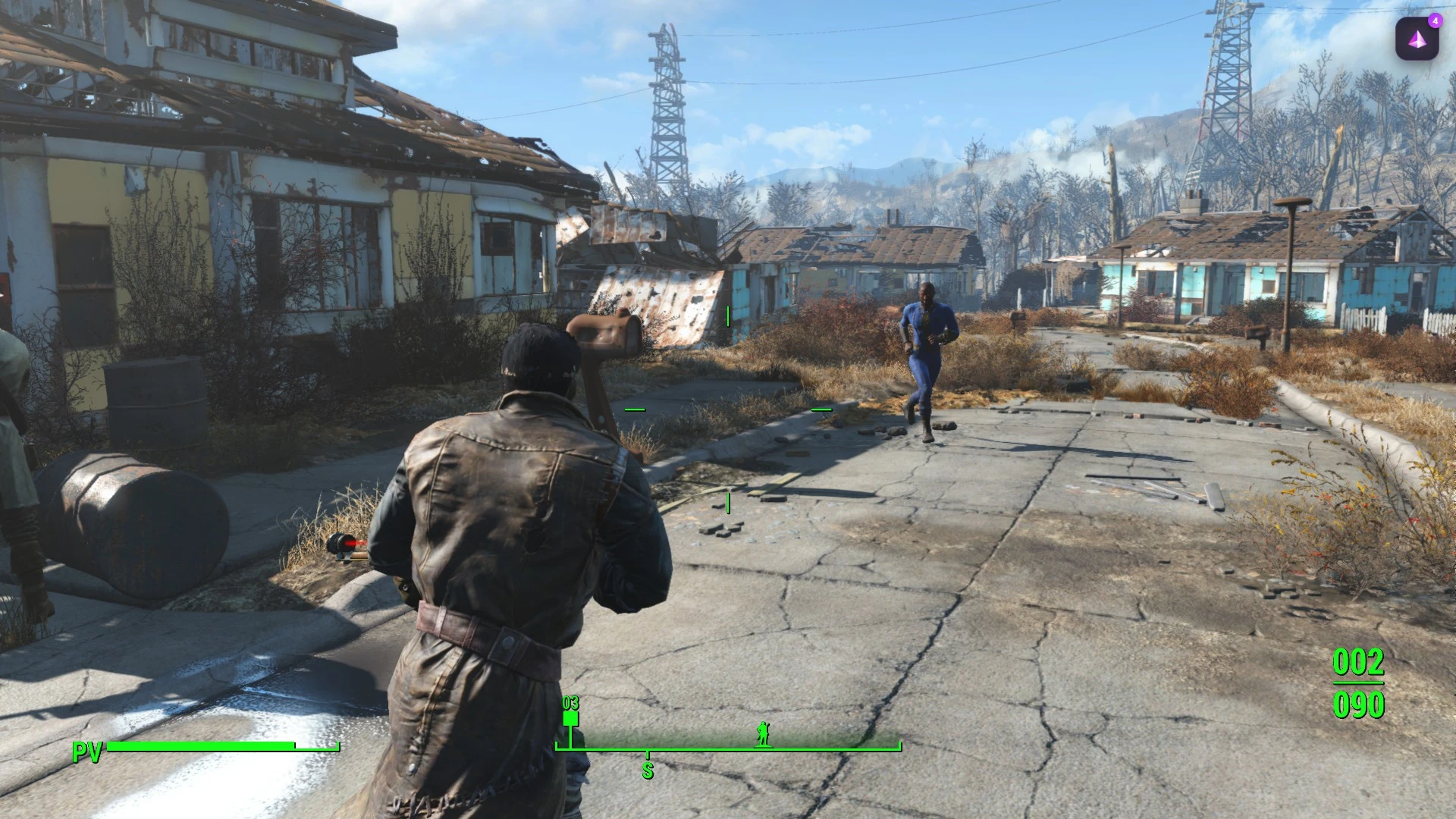 Fallout 4 gameplay capture showing a player moving through a Commonwealth neighborhood.