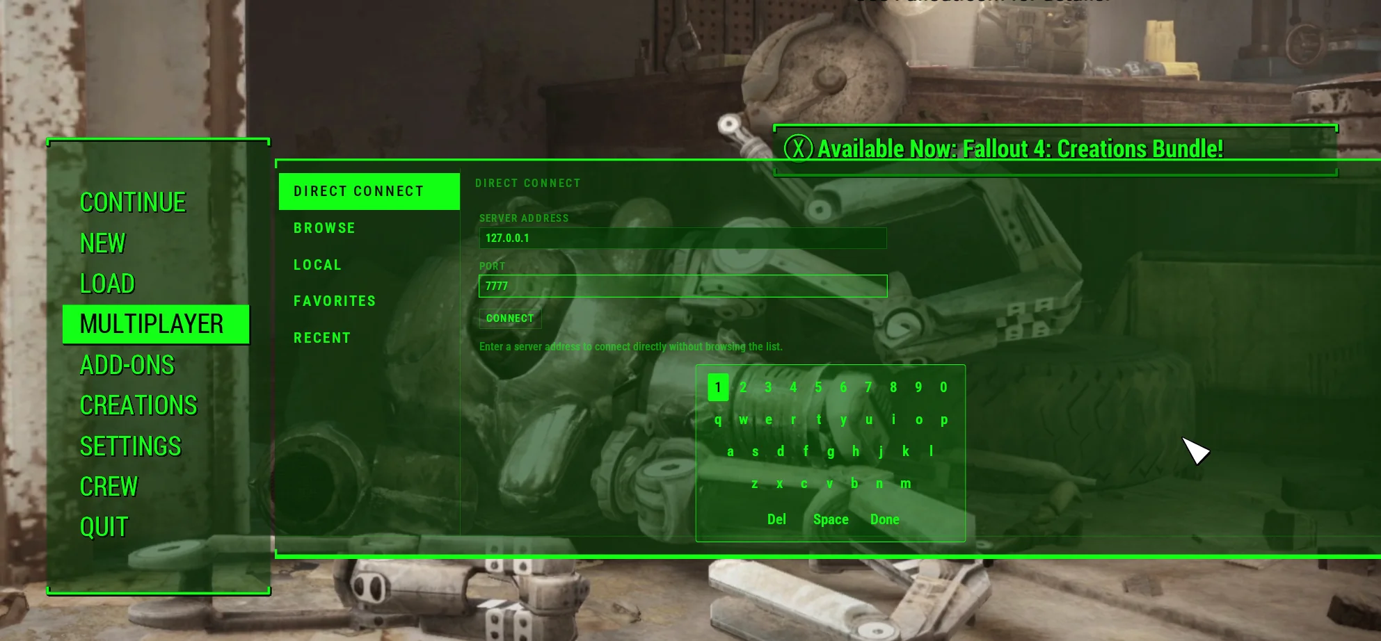 Fallout 4 Multiplayer menu showing the Direct Connect screen