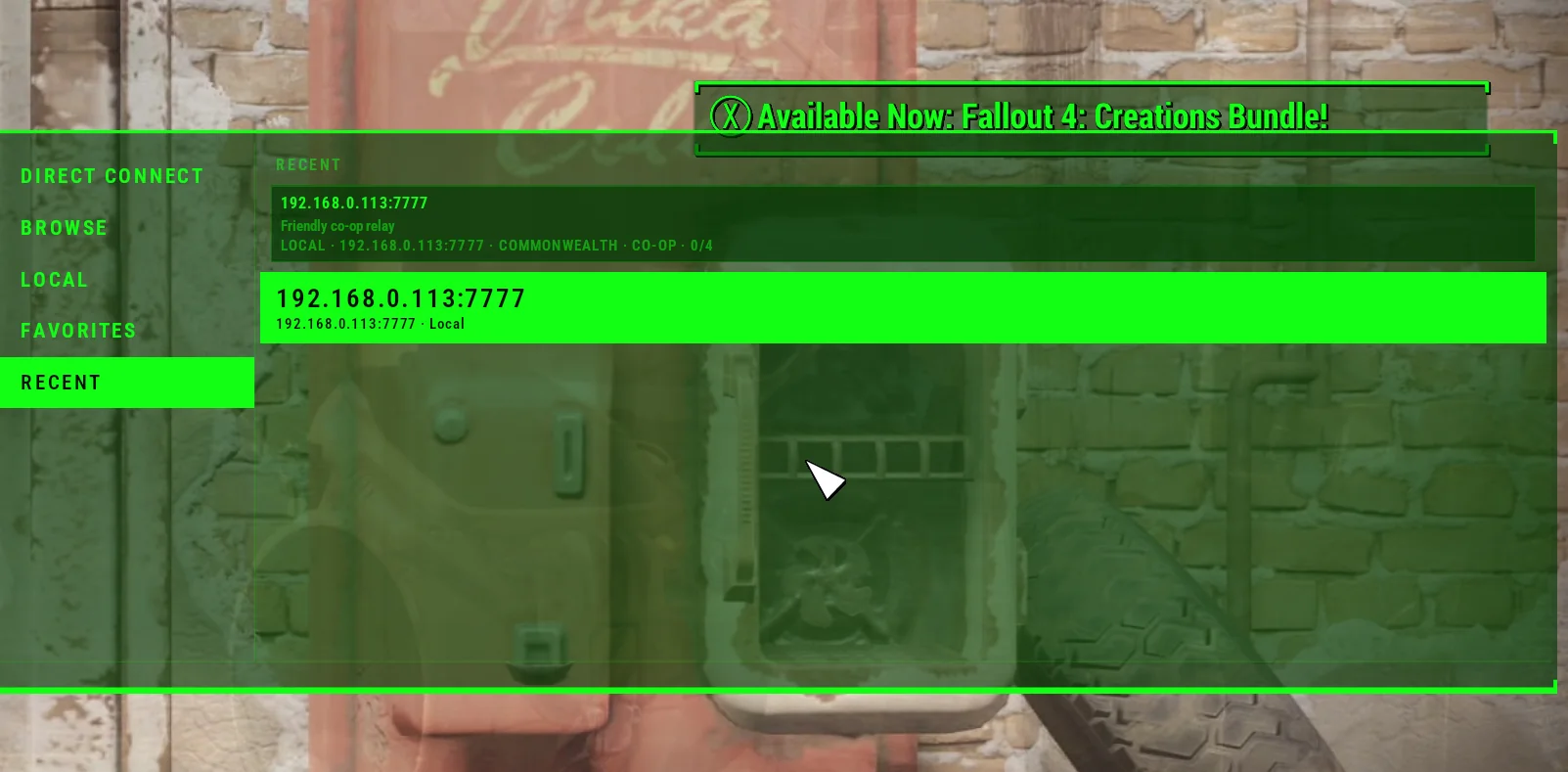 Commonwealth Online Recent server browser screen showing a local server